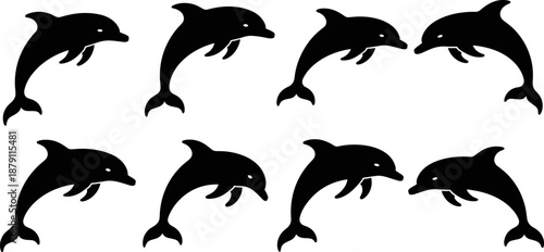 Dolphin Silhouette Vector Set Featuring Jumping Aquatic Mammals in Various Poses for Ocean Life Marine Animal Graphics Summer Sea Theme and Nature Conservation Design (24 words)