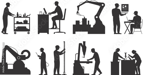Industrial Factory Worker Silhouettes Set with Robotic Arms Smart Manufacturing Process Engineers Using Computers Technicians and Automated Assembly Line Production Vector Illustration Elements