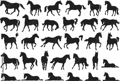 Large Vector Collection of Black Horse Silhouettes Featuring Galloping Running Standing and Lying Poses for Equestrian Sports Farming Ranching and Nature Graphic Design Projects (25 words)