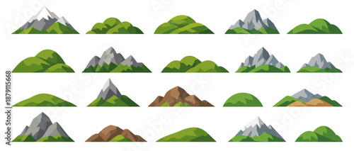 Cartoon hills and mountains landscape elements collection. Set of green hills and rocky mountains for nature backgrounds