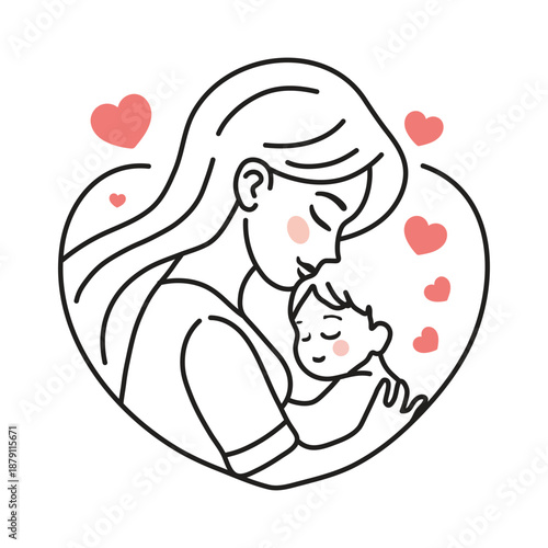 Minimalist line art of mother holding newborn baby, motherhood and family love concept vector.