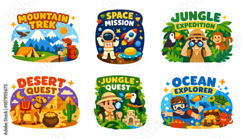 Colorful kids adventure badges collection. Set of children activities, education camps, clubs, games, learning programs and playful exploration themes