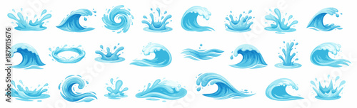 Dynamic water splash and wave shapes collection. Set of cartoon liquid elements for games, animations, kids design, effects