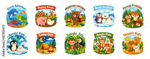 Colorful kids nature adventure badges collection. Set of ocean, farm, mountain, arctic, forest, jungle, desert and camping themes with cute animals