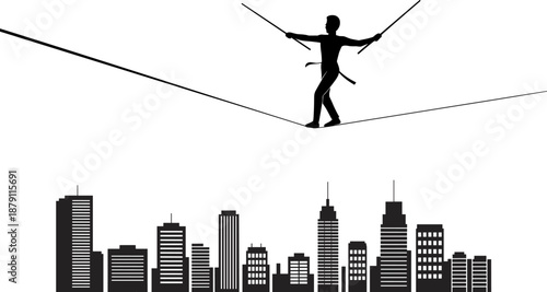 Minimalist silhouette of a businessman tightrope walking across high wire over city skyline representing corporate risk management courage ambition and financial career balance