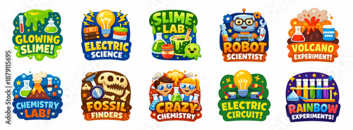 Colorful kids science experiment badges collection. Set of fun chemistry, physics, slime, electricity and laboratory activities