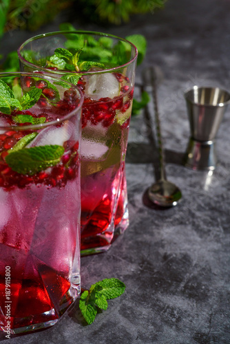 Refreshing pomegranate cocktails with fresh mint and ice.