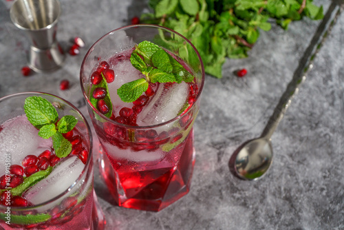 Refreshing pomegranate cocktails with fresh mint and ice.