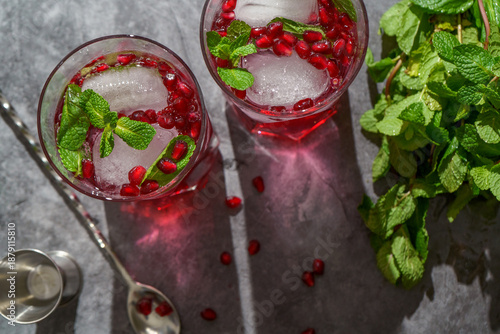Refreshing pomegranate cocktails with fresh mint and ice.