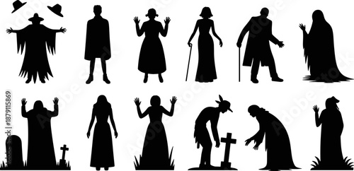 Spooky Halloween Character Silhouette Vector Set Featuring Ghosts Creepy Figures Grim Reaper and Mystical People for Horror Theme Party Decorations Gothic Graphic Design Elements (24 words)