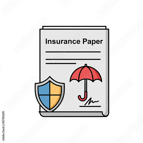 Illustration of insurance document with shield and umbrella symbolizing protection and security measures