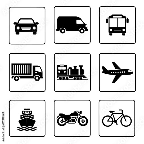 Collection of various transport icons including vehicles and vessels displayed in grid formation on digital interface