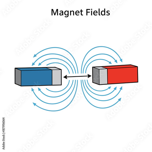Two opposing magnets with distinct poles interacting in a magnetic field, illustrating the attraction between unlike poles from a side viewpoint.