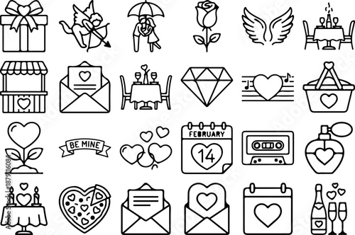 Minimal linear vector icon set for Valentine Day with editable stroke. Romantic love symbols in modern outline style, perfect for cards, posters, social media, apps and branding.