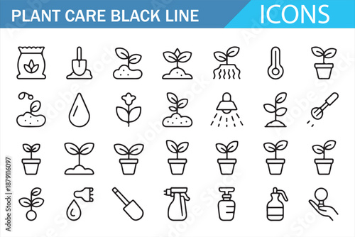 Black Line Gardening Icons for Plant Care and Agriculture