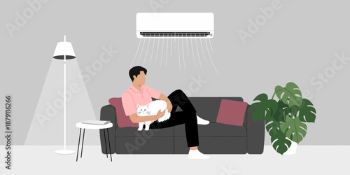 Woman relaxing on couch at home with air conditioner split system, enjoying comfort, cooling, modern living interior, summer lifestyle, energy efficient climate control, and peaceful domestic relaxati