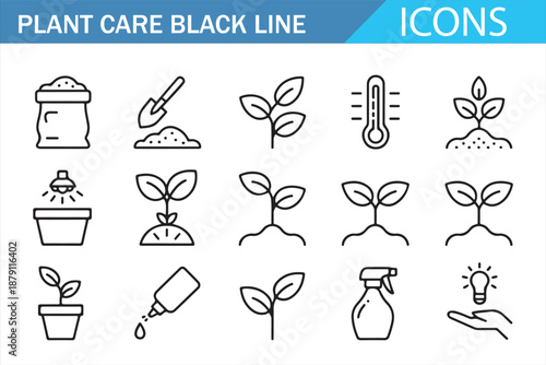 Clean Outline Plant Care Icons Set Isolated on White