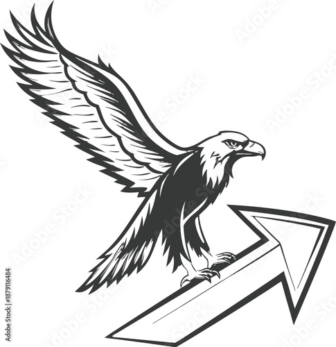 Soaring Eagle of Aspiration: An eagle ascends, its powerful wings propelling it skyward, perched atop a stylized arrow pointing towards upward direction, symbolizing ambition and achieving goals.