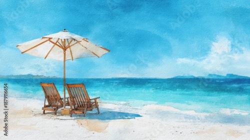 Serene beach scene with wooden lounge chairs and parasol on sandy shore.