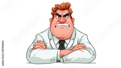 Angry Boss Cartoon on White Background with Outline