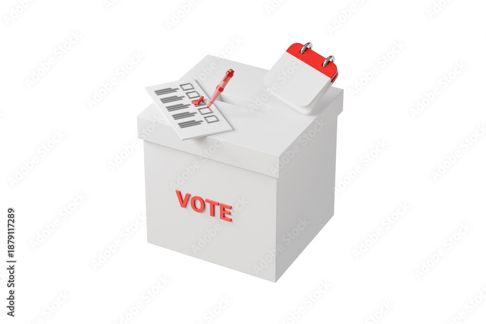 Obraz premium 3d vote box icon. election concept. minimal cartoon ballot box checklist pen for election campaign marketing. isolated on white transparent background. 3d render.