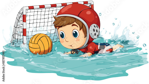 Cartoon Boy Playing Water Polo as a Goalkeeper Vector Illustration