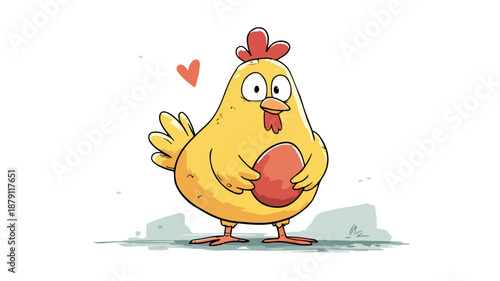 Adorable Cartoon Chicken Holding Egg with Outline - Vector Illustration