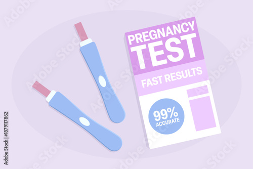 Flat illustration showings two pregnancy test sticks next to a box. Fast results and high accuracy.