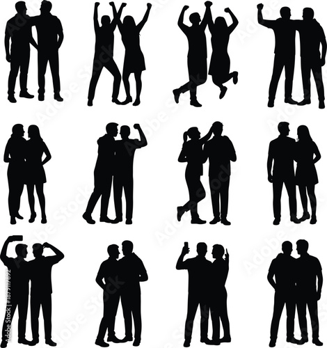 Couples, silhouettes, people, celebrating, hugging, friendship, love, isolated, white, background, relationship, togetherness, social, vector, illustration, lifestyle, bonding, joy, unity, concept