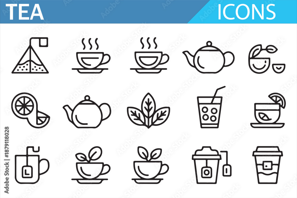 Fototapeta premium Thin line tea icons set with teapot cup mug leaf and hot beverage symbols in clean outline style isolated on white background for cafe menu packaging branding and food design