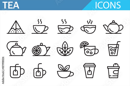 Thin Line Tea Icons Set with Teapot Cups and Beverage Symbols