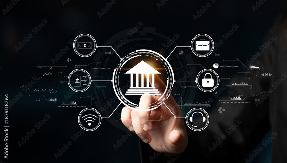 Naklejka premium A concept of digital banking and online financial technology (FinTech) services. A central platform for secure transactions, support, and business finance. Motif