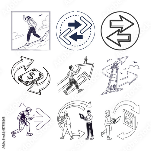 Directional Arrows and Human Figures: A compilation of drawings showcasing diverse themes of direction, progress, exchange, and aspiration.