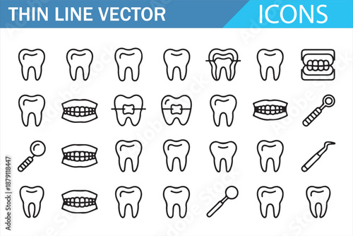 Dentistry Line Icons Showing Teeth Braces and Toothbrush Symbols