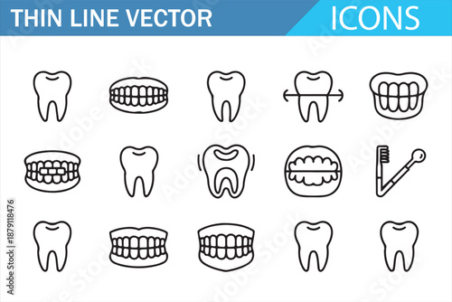 Thin Line Dental Icon Set with Teeth Braces and Oral Care Symbols