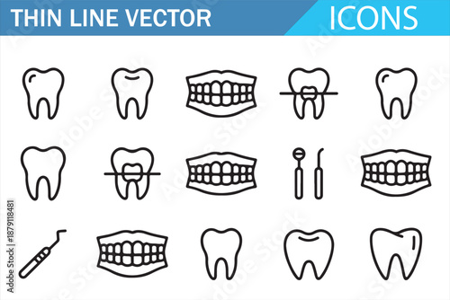 Linear Dental Icons Set Isolated on White Background