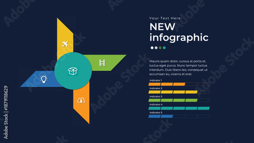 New Infographic Design: A modern infographic featuring a stylish cross-shaped design with vibrant colors, presenting data and information in an accessible and visually appealing manner.