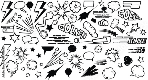 Collection of comic book style speech bubbles stars explosions and motion lines  various black and white graphics
