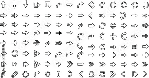 Collection of various black arrows and pointers on white background for design and navigation