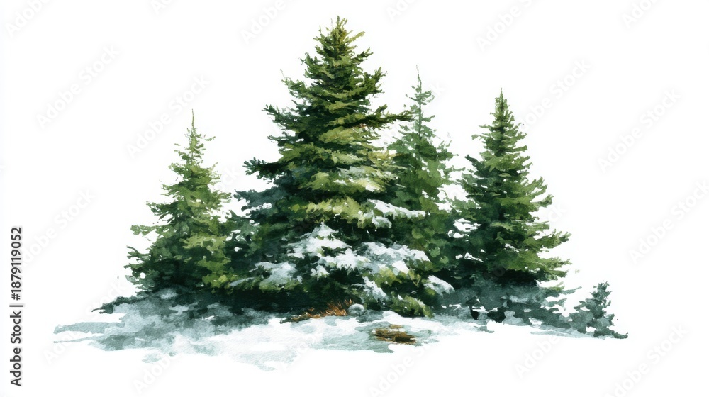 Obraz premium Snow-covered evergreen trees in a winter forest scene with crisp white background.