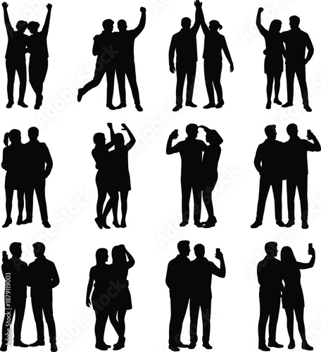 Twelve silhouette couples in different poses and activities on a white background people woman