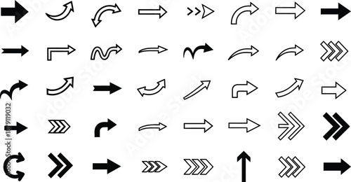 Collection of various black arrows and pointers on white background for navigation and direction