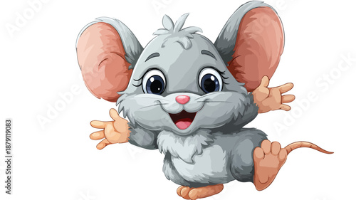 Adorable Cute Mouse Cartoon Waving Vector with Outline Isolated on White Background