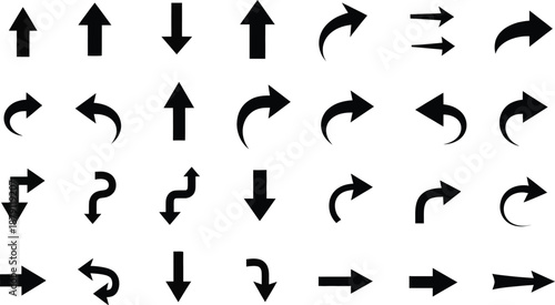 Collection of various black arrows on white background for navigation and direction