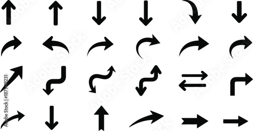 Collection of various black arrows on white background for navigation and direction  isolated on white