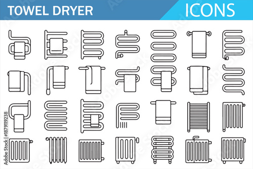Towel Rail and Towel Warmer Icon Pack, Modern Bathroom Appliance Symbols