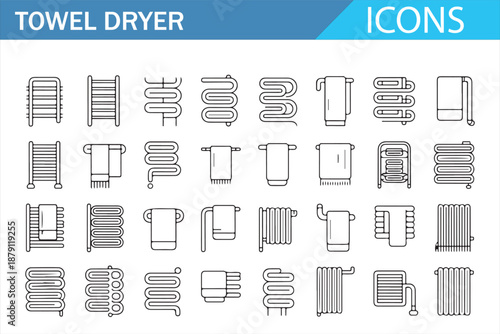 Bathroom Heating Towel Dryer Icons Collection, Clean Outline Style Vectors
