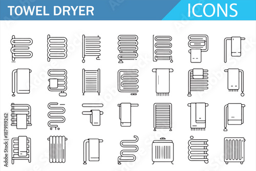 Heated Towel Rail and Towel Dryer Icon Set, Minimal Outline Bathroom Heating Symbols