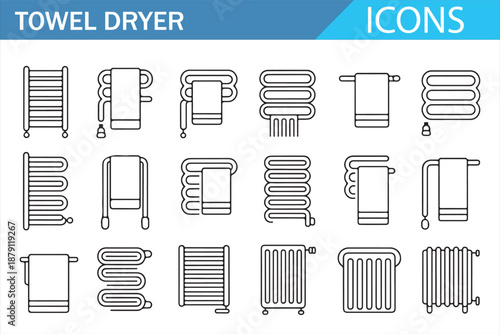 Heated Towel Rack and Dryer Icons, Minimal Monoline Vector Set