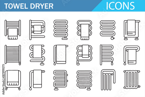 Towel Warmer and Radiator Icon Set, Simple Linear Bathroom Heating Illustration